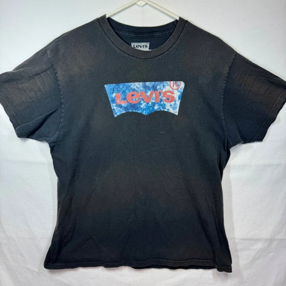 Levi's Graphic Tee Distressed Logo Print Casual Black T-Shirt Sz‎ Large Y2K
